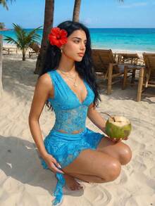 SHEIN Sweetina Women's Lace Patchwork Deep V-Neck Top And Ruffle Hem Mini Skirt Sexy Beach Vacation 2-Piece Set - Multicolor - View 4