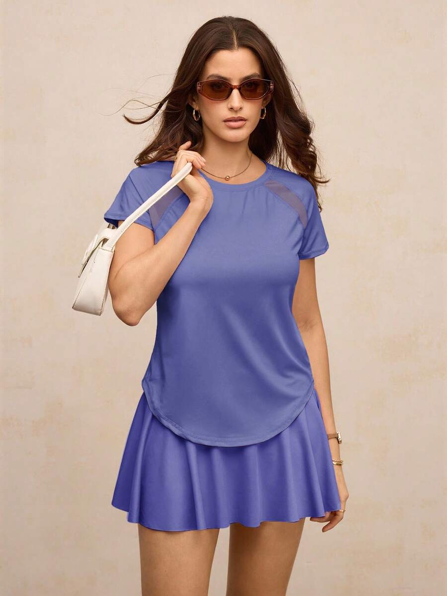 Activina 女士纯色圆领插肩短袖休闲健身运动T恤 - 紫色 - 查看 1