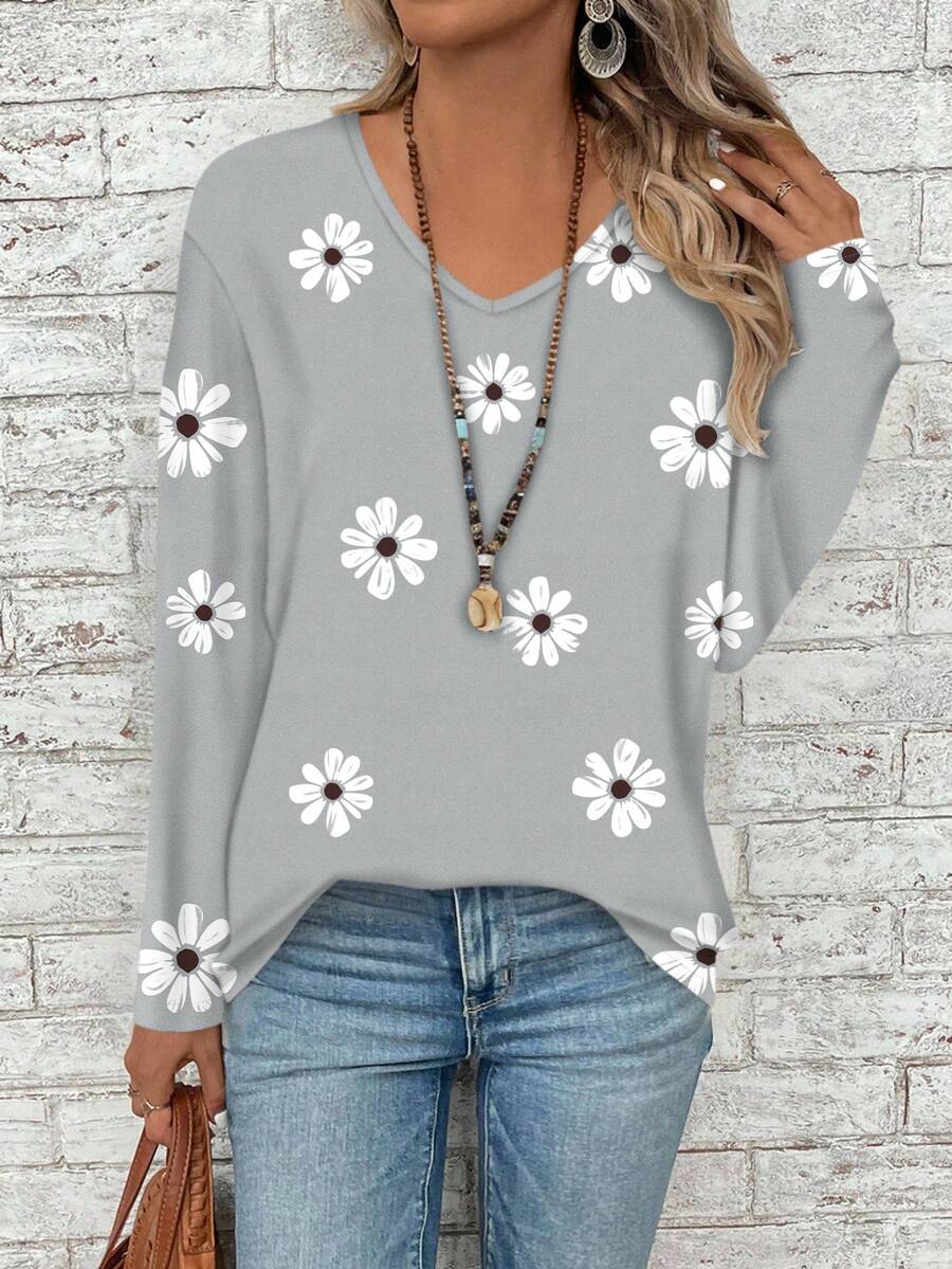 EMERY ROSE Plus Size Women V-Neck Long Sleeve Loose T-Shirt Gym Brown Autumn - Multicolor - View 1