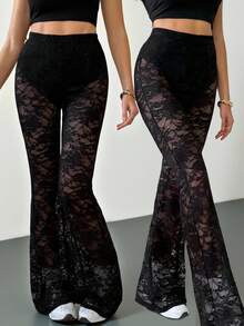 SHEIN Tall Women's Spring Sexy Retro Lace Lined Flared Pants - Black - View 2