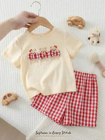 Cozy Pixies 2pcs Baby Girl Cartoon Animal Print Soft Knit Crew Neck Short Sleeve Top And Elastic Waist Pants Set,Kids