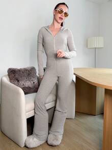 Abrilcols 女式休闲前拉链中下摆厚连帽连体裤，秋冬 - 杏色 - 查看 1