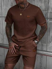 Manfinity CasualCool Bộ áo thun nam cổ chữ V gân sọc + quần short có dây rút - Cà phê nâu - Xem 4
