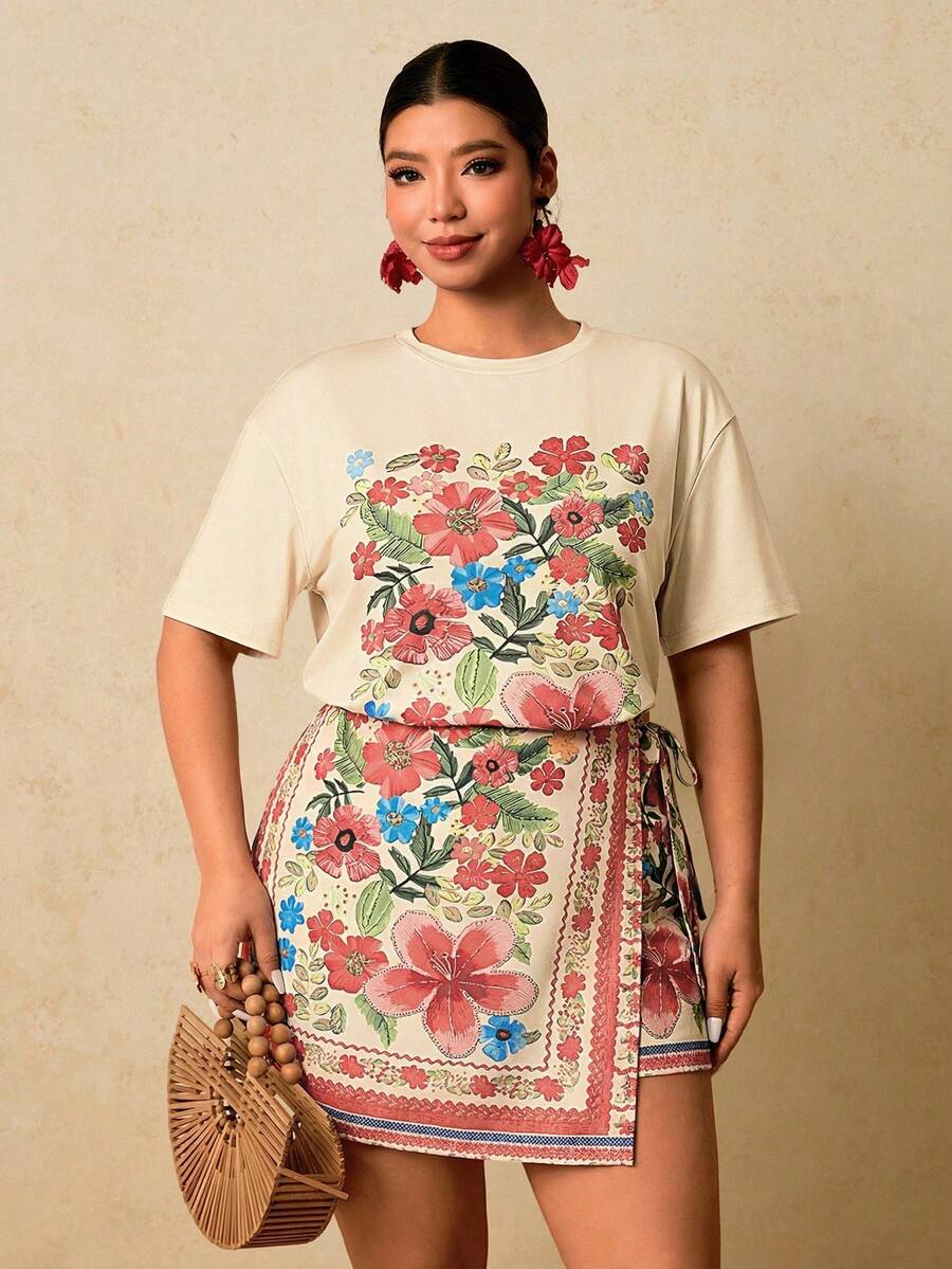 Travachic 加大码女式蓝色热带花卉印花两件套，短袖圆领印花T恤搭配系带短裤套装 - 杏色 - 查看 1