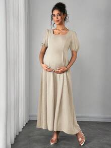 SHEIN Asymmetric Shoulder Ruched Waist A-Line Elegant Romantic Maternity Dress, Comfortable - Apricot - View 7