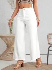 Breezaya Quần jean ống rộng viền sờn dành cho nữ, ngoài trời xuân hè - trắng - Xem 4