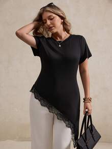 Elegantrix Plus Size Women's Elegant French Style Commuting & Casual Lace Patchwork Asymmetric Hem Round Neck T-Shirt, Spring/Summer - Black - View 5