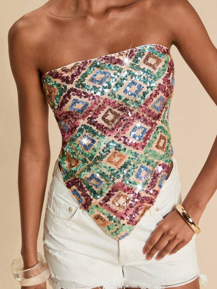 Travachic 女士不对称下摆亮片抹胸上衣，适合夏季度假和派对穿着 - 彩色 - 查看 1