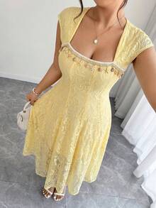 Celure Spring & Summer Women's Lace A-Line Dress With Chain & Starfish Decor, Elegant Resort Dress, Fashionable Yellow Resort Dress - Yellow - View 1