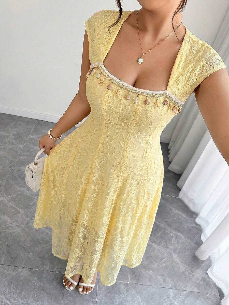 Celure Spring & Summer Women's Lace A-Line Dress With Chain & Starfish Decor, Elegant Resort Dress, Fashionable Yellow Resort Dress - Yellow - View 1