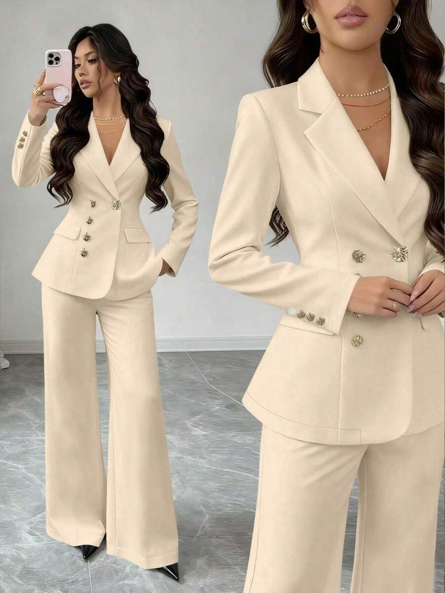 Rafferiza 简约法式风格纯色不对称搭扣装饰修身商务套装，女士款 - 杏色 - 查看 1