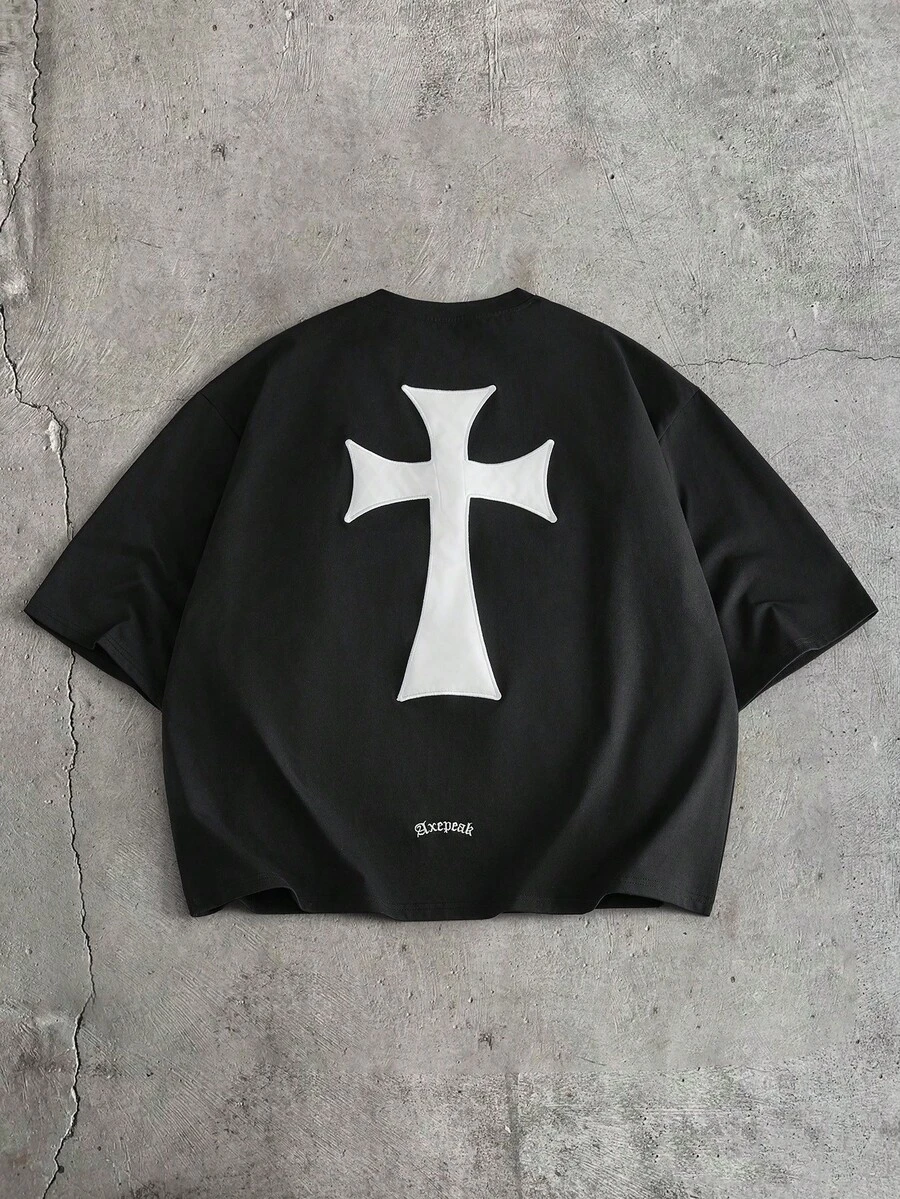 AXEPEAK Men's Cross Print Round Neck Casual Short Sleeve T-Shirt Cross T Shirt Goth - Black - View 1