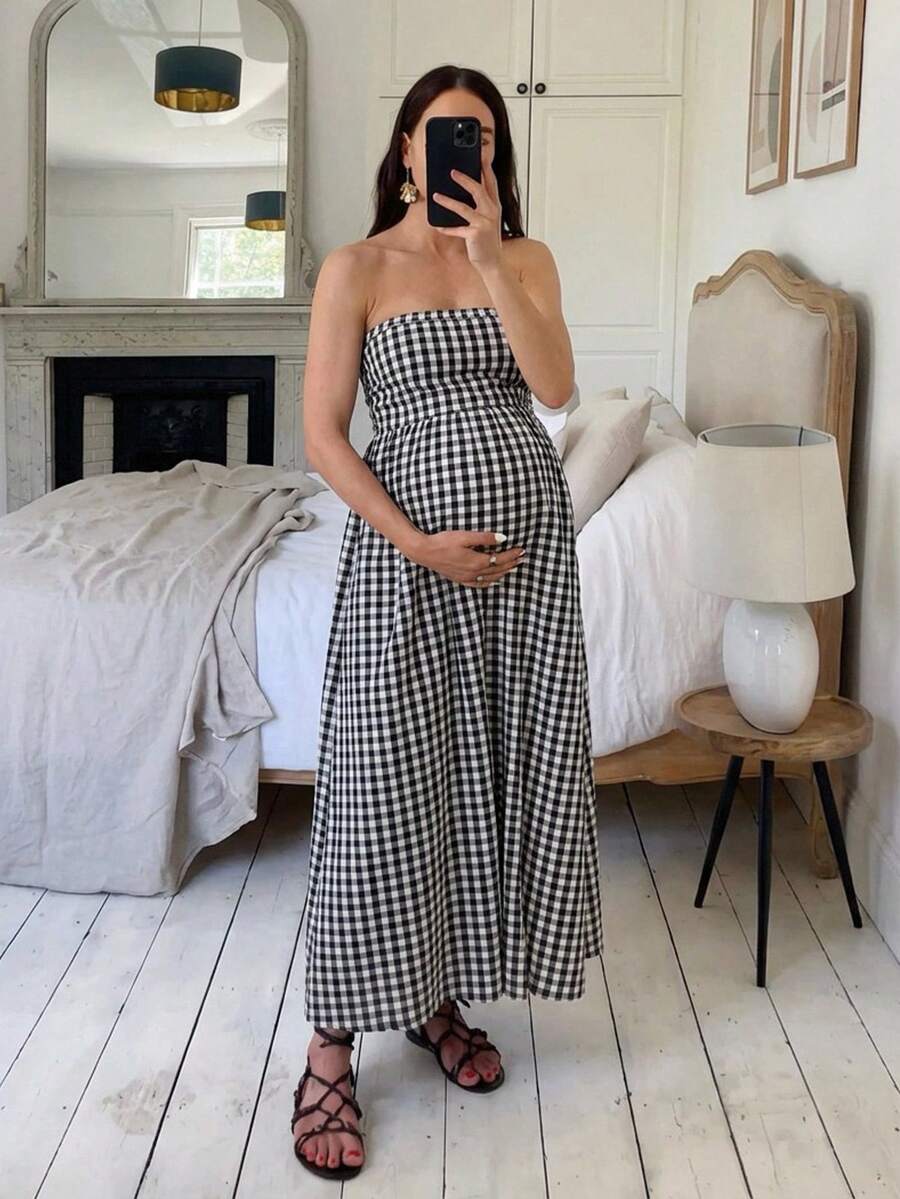 SHEIN Đầm ống kẻ caro dáng rộng cho bà bầu, thích hợp mặc đi nghỉ mát. - màu đen - Xem 1