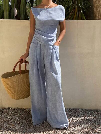 DAZY Spring & Summer Minimalist Vintage Linen 2 Pieces Set Women, Loose Casual T-Shirt And Wide Leg Pants