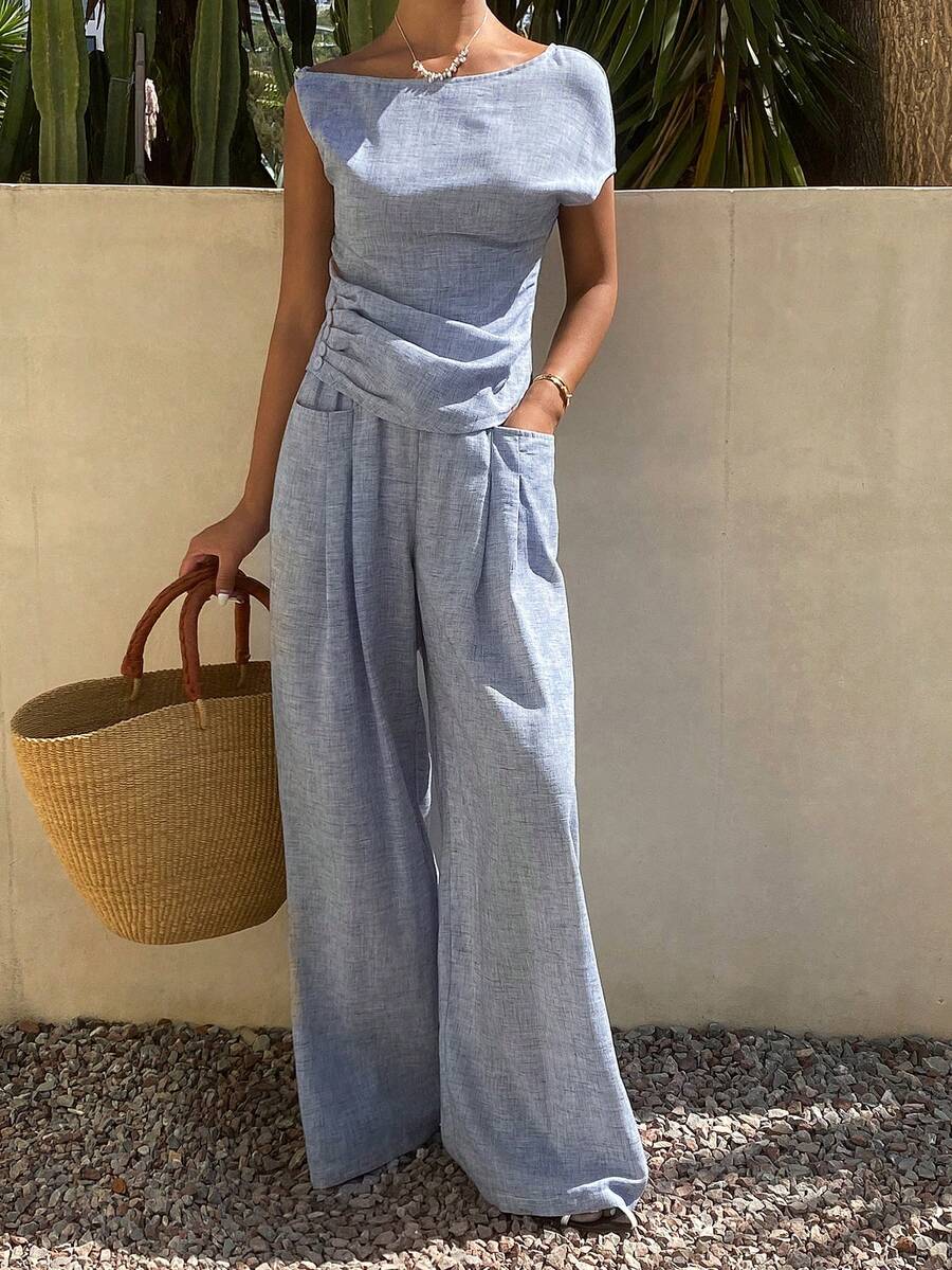 DAZY Spring & Summer Minimalist Vintage Linen 2 Pieces Set Women, Loose Casual T-Shirt And Wide Leg Pants - Blue - View 1