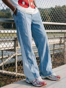 EVRINFINITE Manfinity Streetrush Color Block Splicing Jeans, Unisex High Waisted Loose Flare Leg Casual Pants, Slimming Design, New Arrival All Season Men Wide Leg Jeans Two Tone Jeans Baggy Jeans Y2k - Blue - View 1