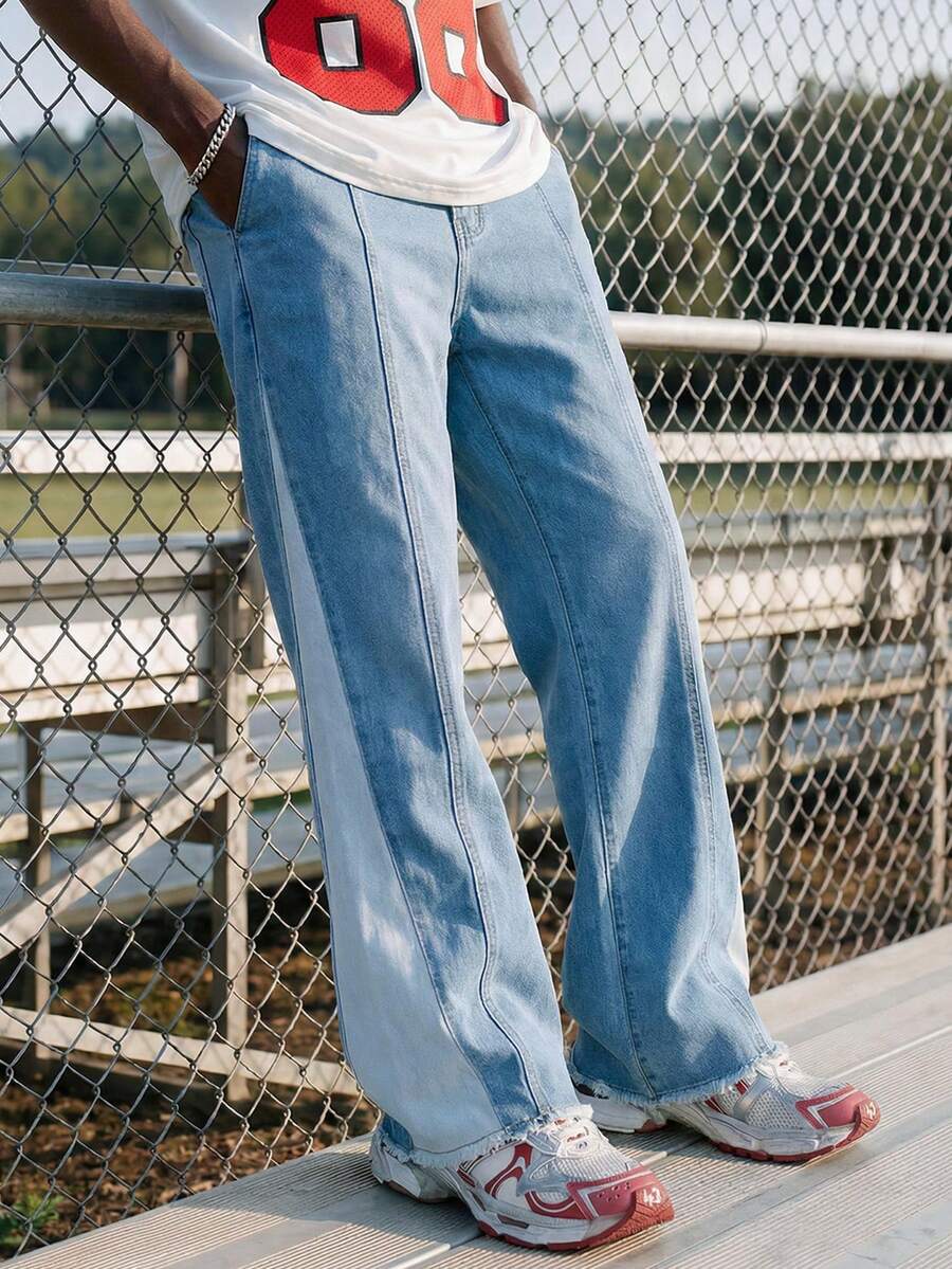 EVRINFINITE Manfinity Streetrush Color Block Splicing Jeans, Unisex High Waisted Loose Flare Leg Casual Pants, Slimming Design, New Arrival All Season Men Wide Leg Jeans Two Tone Jeans Baggy Jeans Y2k - Blue - View 1