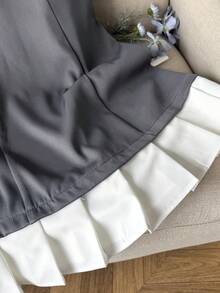 SHEIN Đầm xếp ly chắp vá kiểu cổ điển thanh lịch dành cho thiếu nữ dự tiệc - Màu xám đen - Xem 6