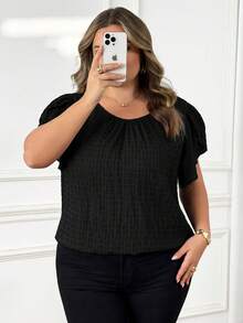 SHEIN CURVE+ 大码女式早春蓝色花瓣袖衬衫 - 黑色 - 查看 5