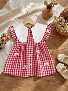 Đầm đỏ kẻ caro dễ thương tay cánh hoa cổ nơ cho bé gái, thích hợp mặc mùa hè. - Đỏ - Xem 4