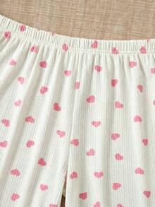 SHEIN Cotton Rib Knit 3 Pcs White With Pinl Heart Pattern With Contrast Colour Lace Detail Sleevless Top&Shorts&Long Pants Homewear Comfort Casual Women Lounge Set For Summer - White - View 3