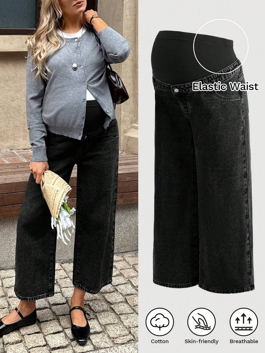 Quần jean denim thường ngày đa năng dành cho bà bầu, có túi và khuy cài, phù hợp để mặc hàng ngày. - màu đen - Xem 1
