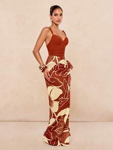 Lumalex Floral Print Amber Bead Decor Long Skirt, Fashionable Sexy Beach Swimwear Two Pieces Set Summer Vacation Bikini Bathing Suits - Multicolor - View 6