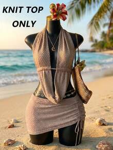 SaltGleam SaltGleam Women's Solid Color Plunging Draped Neck Cropped Halter Knit Top - Khaki - View 1