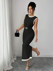 Elenzga Women Summer,Elegant,Office,Autumn,Black Beige,Knitted Texture Pit Stripes,Elastic Tight Waist-Cinching Dress,Metal Design,Color-Blocking Patchwork - Black - View 5