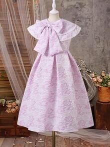 SHEIN Peter Pan Collar Bow Lace Trim Princess Dress, Sweet & Cute Style, Fashionable & Comfortable, Suitable For Outings, Birthday Parties, Holidays - Purple - View 3