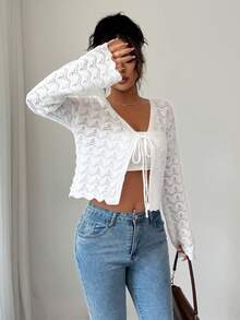 Flora Isola Flora Isola 女士优雅纯色镂空针织开衫 - 白色 - 查看 6