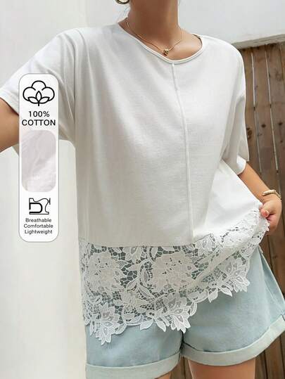 Dazy Plus Áo thun ngắn tay dáng rộng màu trơn thanh lịch dành cho nữ cỡ lớn, viền ren thêu tinh tế, thích hợp cho mùa xuân/hè.