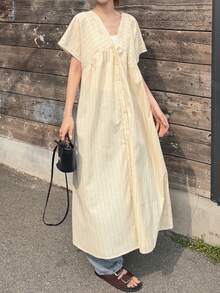 FRIFUL 女士条纹睡袍，休闲度假风长裙 - 黃色 - 查看 4