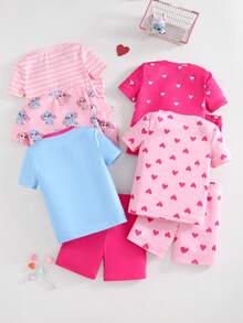 SHEIN 【2件套】女童兔子卡通印花短袖短裤针织贴身睡衣家居服，随机款式 - 彩色 - 查看 2