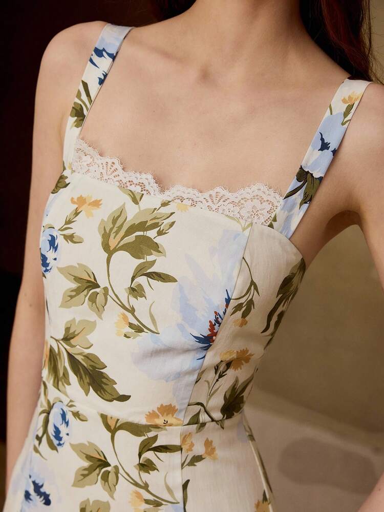 WOMEN'S ELEGANT FLORAL PRINT CONTRAST LACE LONG DRESS