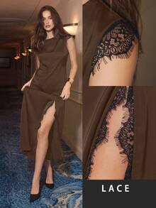 Maija Đầm ren phối ren tay ngắn cổ tròn xẻ cao dành cho nữ năm 2026 - màu nâu - Xem 9