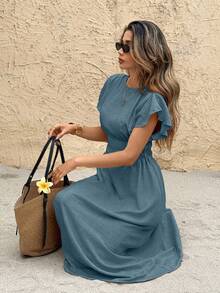 SHEIN Frenchy Women's Solid Color Round Neck Short Sleeve Waist Ruched Casual Mid-Length Dress - Blue - View 4