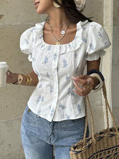 SHEIN PariChic 浪漫户外学院风女士经典流行休闲街头度假时尚百搭魅力都市现代日常休闲优雅商务办公通勤情人节约会派对海滩荷叶边超大领短袖女式衬衫