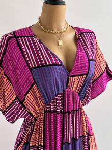 Rusticease Plus Size V-Neck Batwing Sleeve Color Block Vacation Dress - Multicolor - View 8