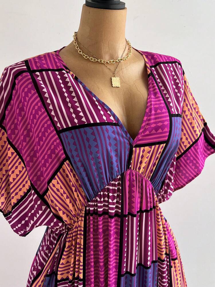 Plus Size V-Neck Batwing Sleeve Color Block Vacation Dress