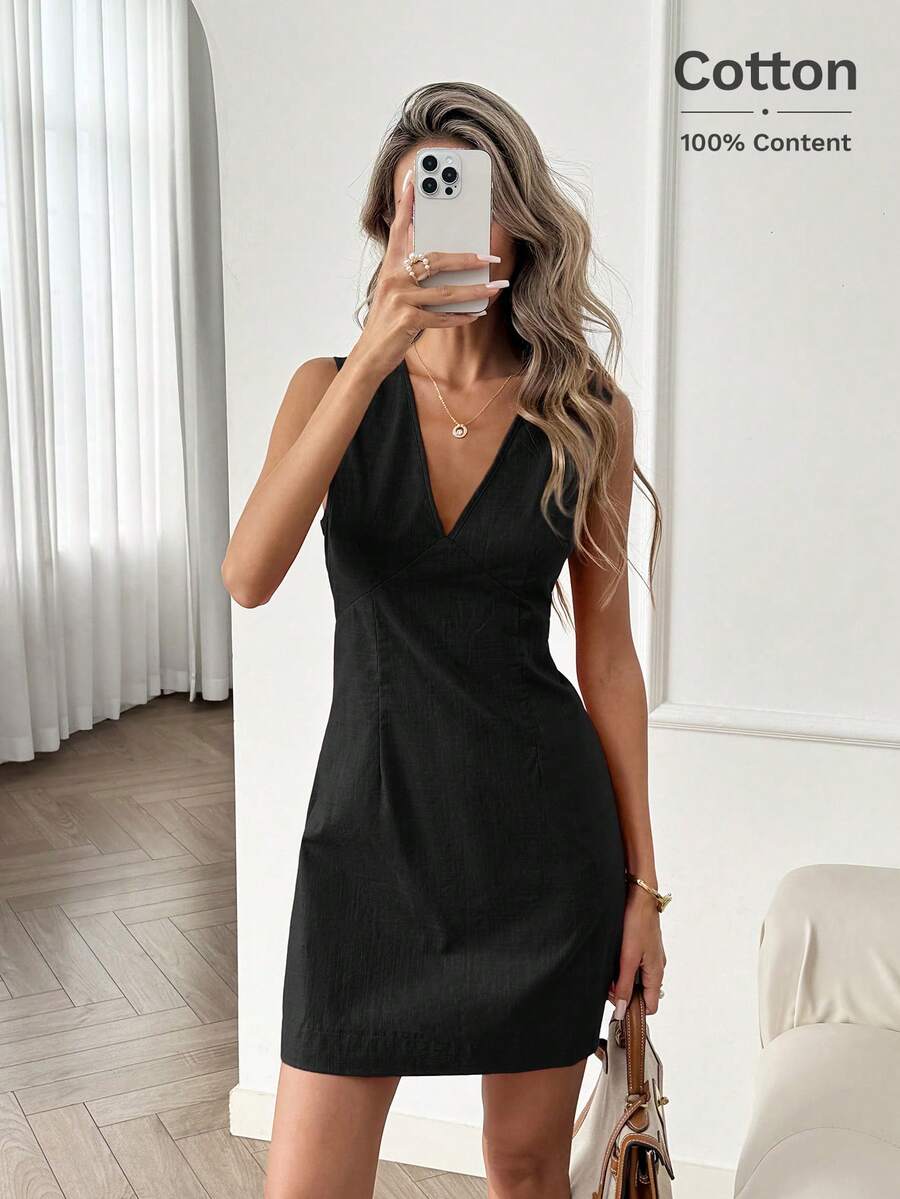Easowa Đầm linen không tay dáng chữ A cổ chữ V, thắt eo, kiểu dáng thoải mái, thanh lịch, thích hợp cho công sở và đi làm, dành cho nữ, mùa xuân/hè. - màu đen - Xem 1