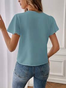 SHEIN Essnce Women's Casual Commuter Summer Solid Color Notched Collar Ruffle Sleeve Blouse,Summer Top - Dusty Blue - View 2
