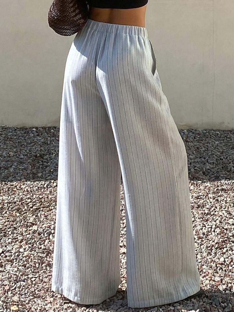 Striped Drawstring Wide Leg Pants, Elastic Waist Casual Vacation Summer Trousers For Women