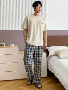 DAZY 男士字母印花短袖上衣和格子裤睡衣套装 - 彩色 - 查看 3