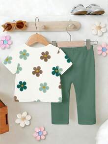 SHEIN Vintaside Kids Bộ đồ cho bé gái gồm áo thun ngắn tay in hoa và quần legging màu trơn, trang phục dễ thương cho những chuyến đi chơi mùa hè. - Nhiều màu - Xem 2