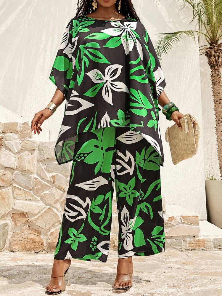 Plus Size Women Floral Print High Low Hem Shirt And Wide Leg Pants Casual 2 Pieces Set Summer Summer Outfits Spring Clothing Spring Outfit Festival Outfits For Women Beach Outfit For Women Vacation Outfits Women Holiday Outfits For Women Summer Holiday Outfits Country Concert Outfit Women's Country Clothing Casual Sets For Women Dress For Women Plus Size Dress Plus Size 2 Piece Set