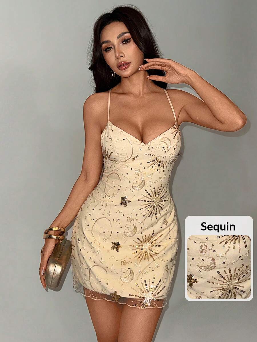 SHEIN PETITE 女士网纱露背系带优雅浪漫性感约会连衣裙，适合晚宴鸡尾酒会、婚礼宾客、假日度假、闺蜜之夜、夜店、晚餐约会等场合，亮片连衣裙 - 米色 - 查看 1