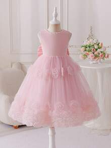 SHEIN Glamorique Kids 少女公主洋裝，花童裙，淡粉色網紗公主洋裝，3D網紗花朵，可愛優雅派對花童洋裝，生日派對，婚禮，婚紗，中東，歐洲和美國，珍珠，背後大蝴蝶結芭蕾舞茶會洋裝，女孩洋裝，芭蕾花童洋裝，迷人兒童洋裝，兒童洋裝，生日女孩，夏季 - 粉色 - 查看 5