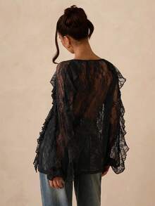 SHEIN Glamour Áo kiểu dáng thường ngày tay dài cổ chữ V màu cà phê dành cho nữ - màu đen - Xem 2