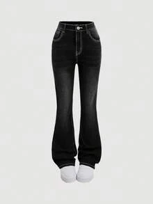 SHEIN 少女款垃圾朋克 Y2k 复古千禧口袋星星月亮十字刺绣水钻装饰低腰喇叭牛仔裤 - 黑色 - 查看 2